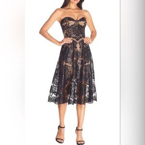 Dress the Population Black Sadie Sequin Lace Dress Strapless Lined M NWT!